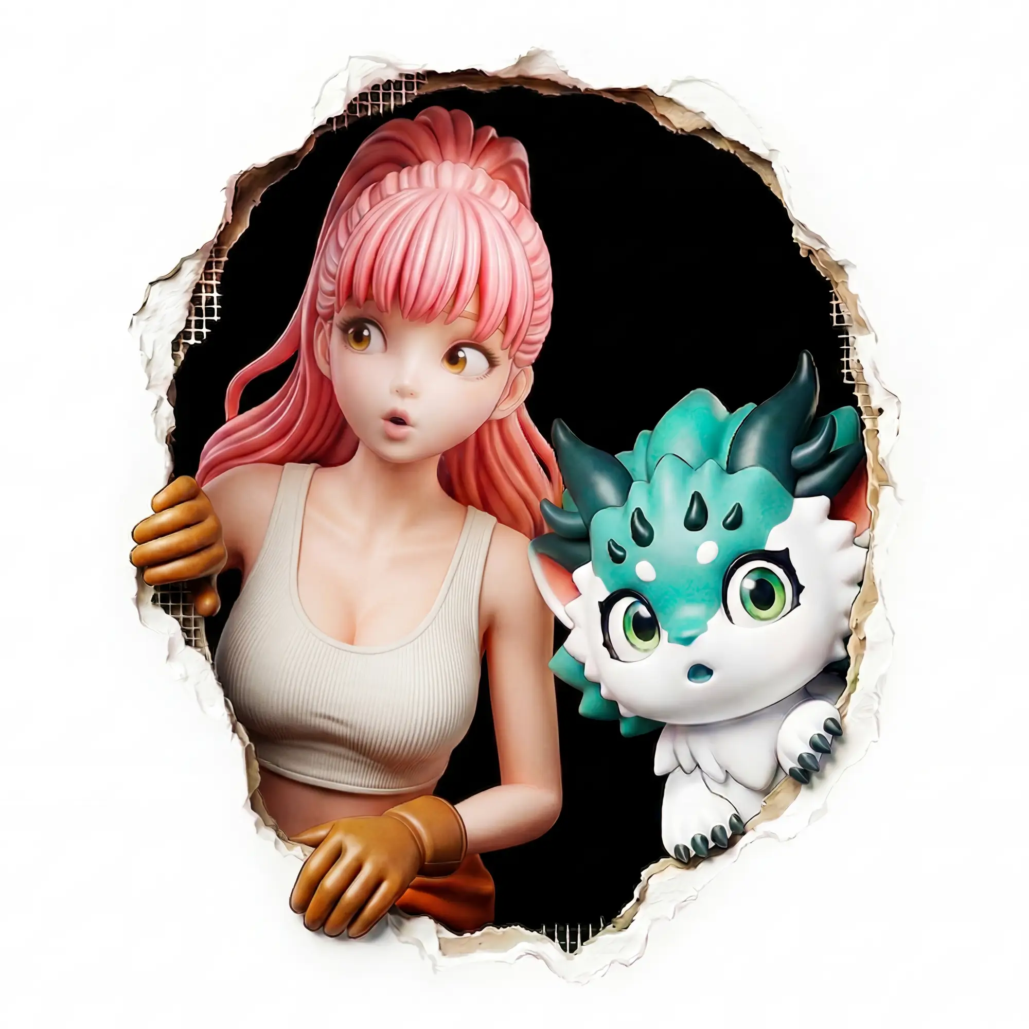 Mio, a stylized 3D anime girl with pink hair wearing work gloves and goggles, and Astro, a small green dragon, peek through a torn hole in a wall with surprised expressions against a dark background