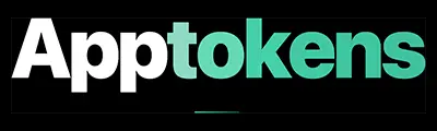 黒い背景に「App」が白色、「tokens」がティールグリーンで表示されたApptokensのロゴ