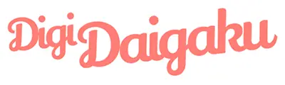 白い背景にサンゴピンクの筆記体フォントで描かれたDigi Daigakuのロゴ