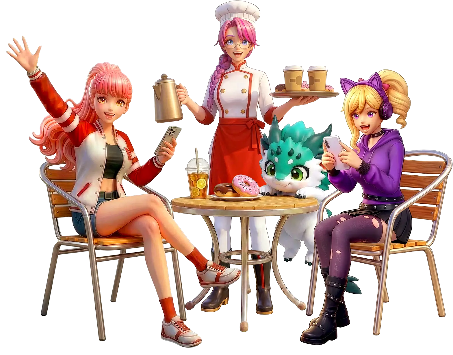 カフェのテーブルで飲み物とドーナツを囲む三人のアニメ風の女の子。手を振る子、シェフの子、スマートフォンを使う子と小さなファンタジーの生き物がいる