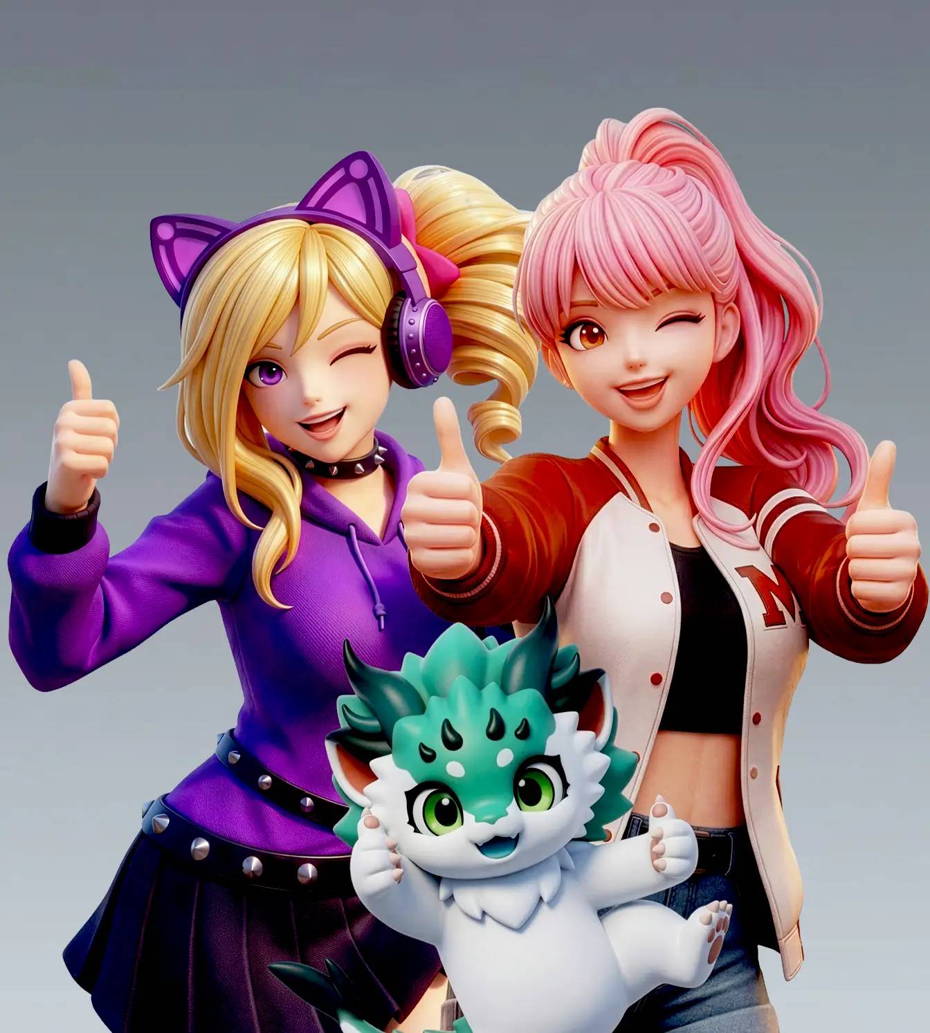 A group of colorful 3D animated characters—four young women and two young men—smiling and giving thumbs up, with a small cute green creature in front; they have varied hairstyles and outfits, including headphones and a chef hat, against a plain gray background.