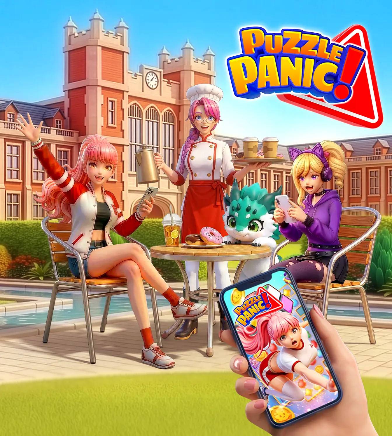 Close-up of anime-style café characters with the Puzzle Panic logo in the corner
