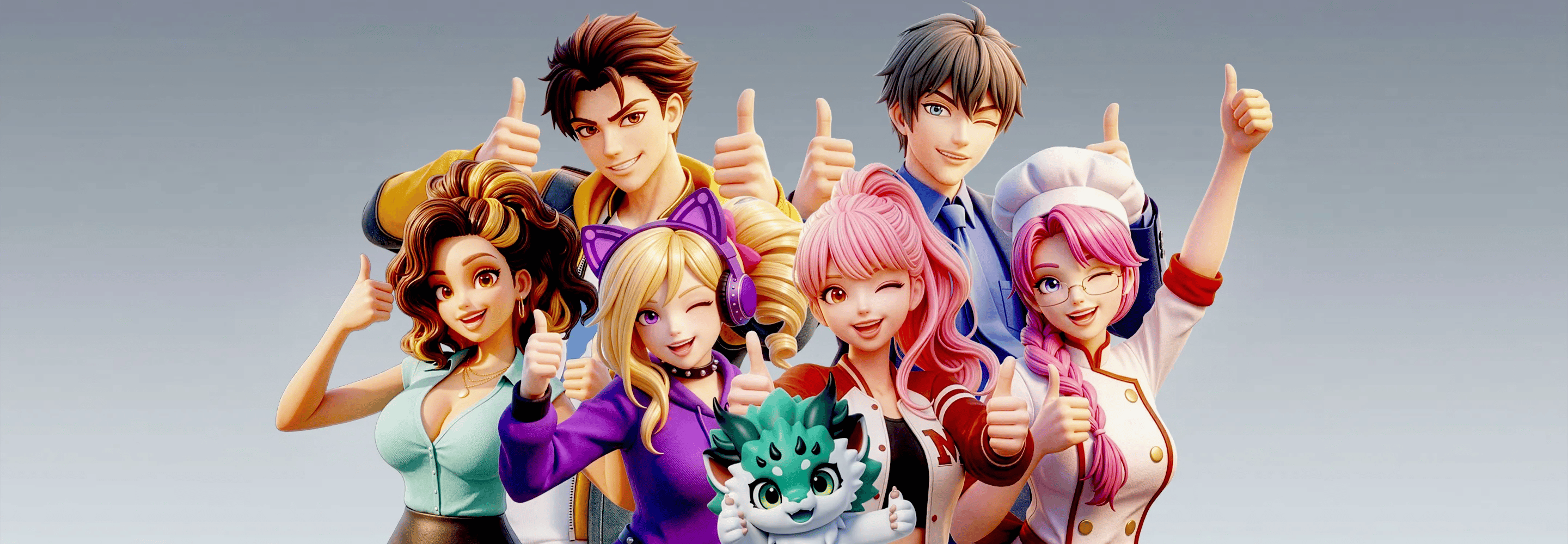 A group of colorful 3D animated characters—four young women and two young men—smiling and giving thumbs up, with a small cute green creature in front; they have varied hairstyles and outfits, including headphones and a chef hat, against a plain gray background.