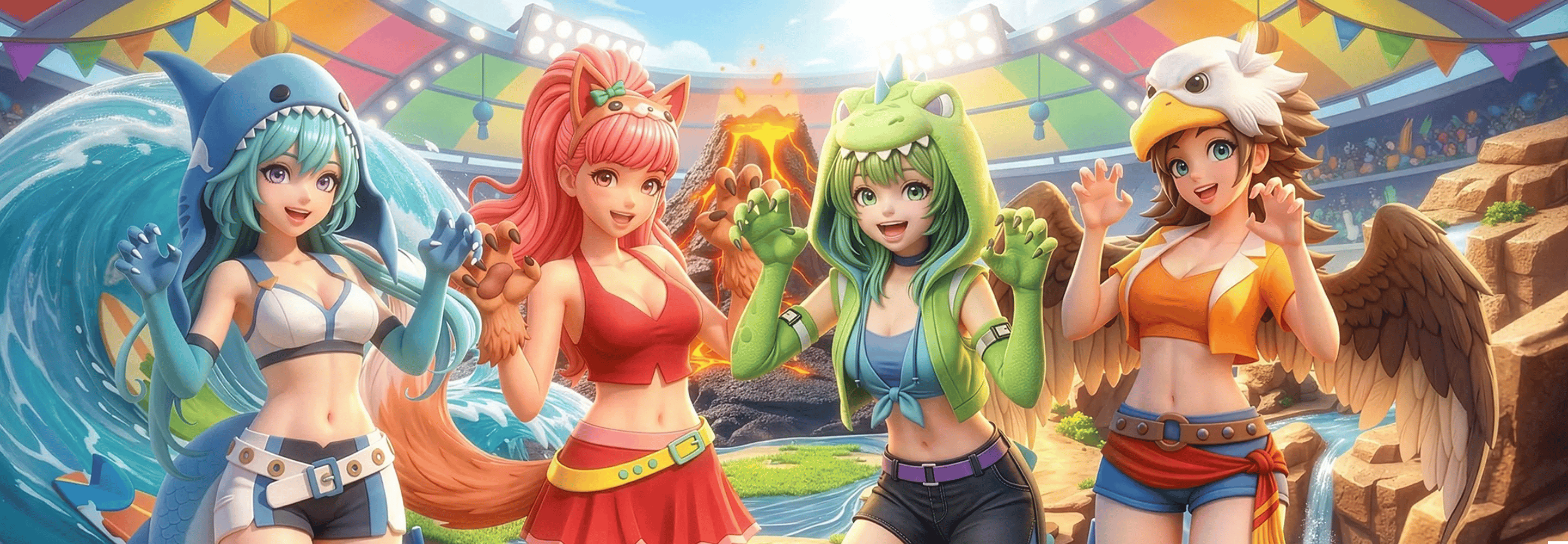 Four anime-style girls in themed costumes including shark, fox, dinosaur, and bird outfits posing cheerfully in a colorful arena with water and lava elements