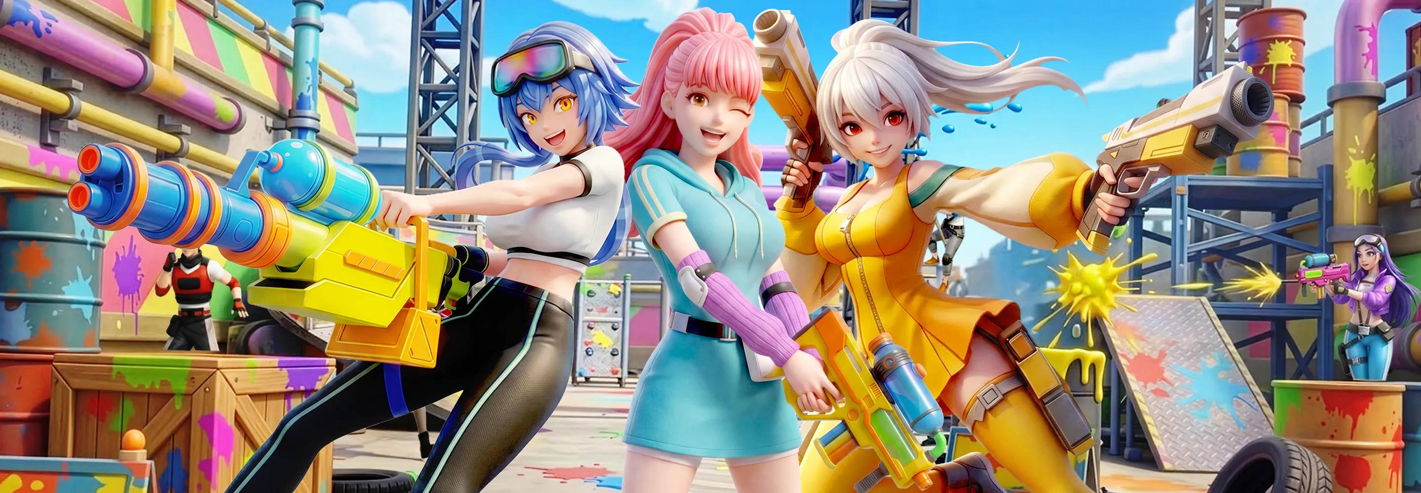 Three anime-style girls holding colorful paint blaster guns in a vibrant industrial arena splashed with paint