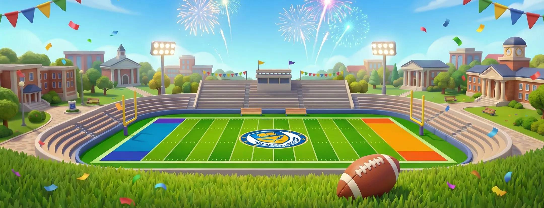 Bright cartoon-style stadium with a green field, colorful zones, goalposts, and fireworks in the sky, with buildings surrounding the arena