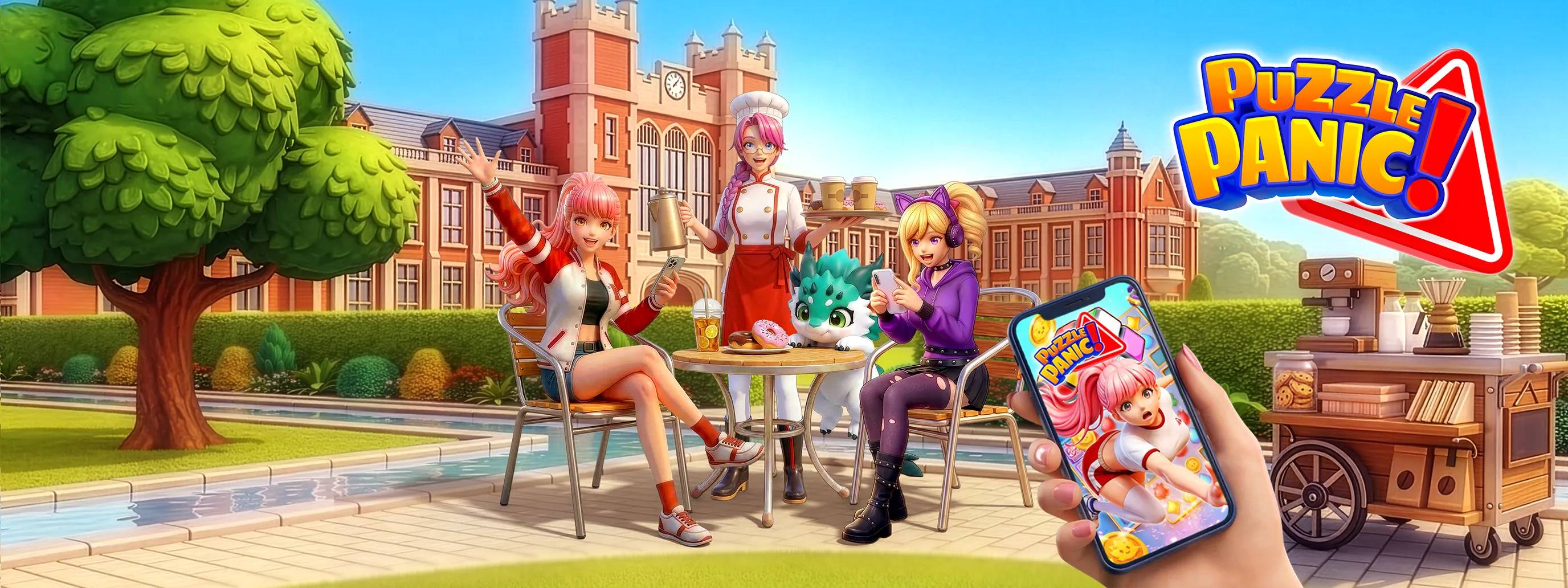 Wide view of anime-style café setting with characters, drinks, a phone showing a puzzle game, and the Puzzle Panic logo